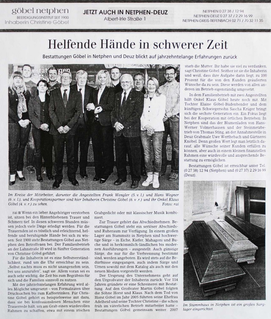 Göbel Bestattungen Artikel in der Siegenerr Zeitung